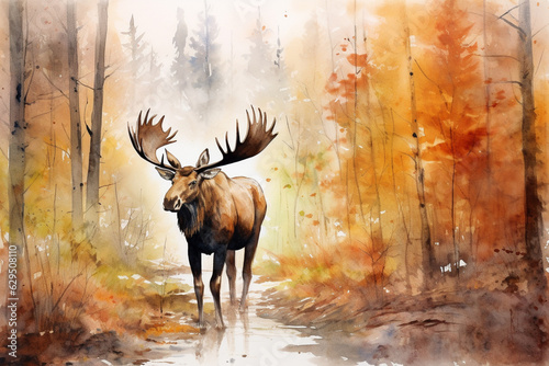 watercolor painting of moose in autumnal forest scenery. generative ai. photo