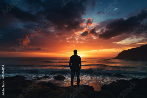 silhouette of a man standing at coast and watching beautiful sunset. generative ai.