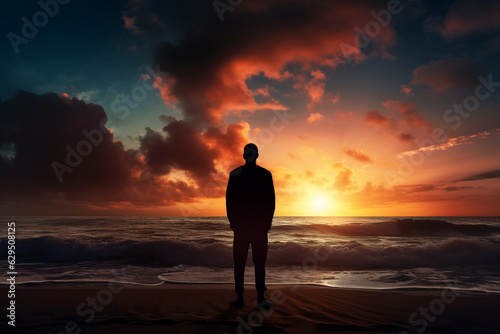 silhouette of a man standing at coast and watching beautiful sunset. generative ai. © Joose