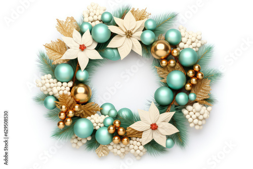 Christmas round wreath with flowers insulated on white background. Metallic gold  mint green color palette. Holiday wreath  happy new year. 3d render illustration style. 