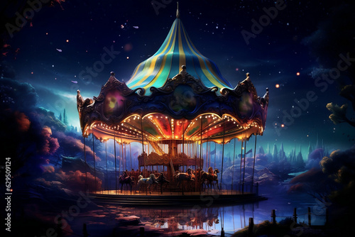 Whimsical carousel under a starry night, a nostalgic trip down memory lane.