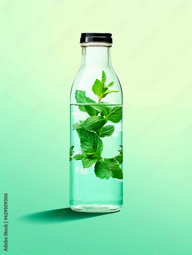 Mint leaves in a bottle on a green background. conceptual image.AI Generated Mint leaves in a bottle on a green background. conceptual image.AI Generated