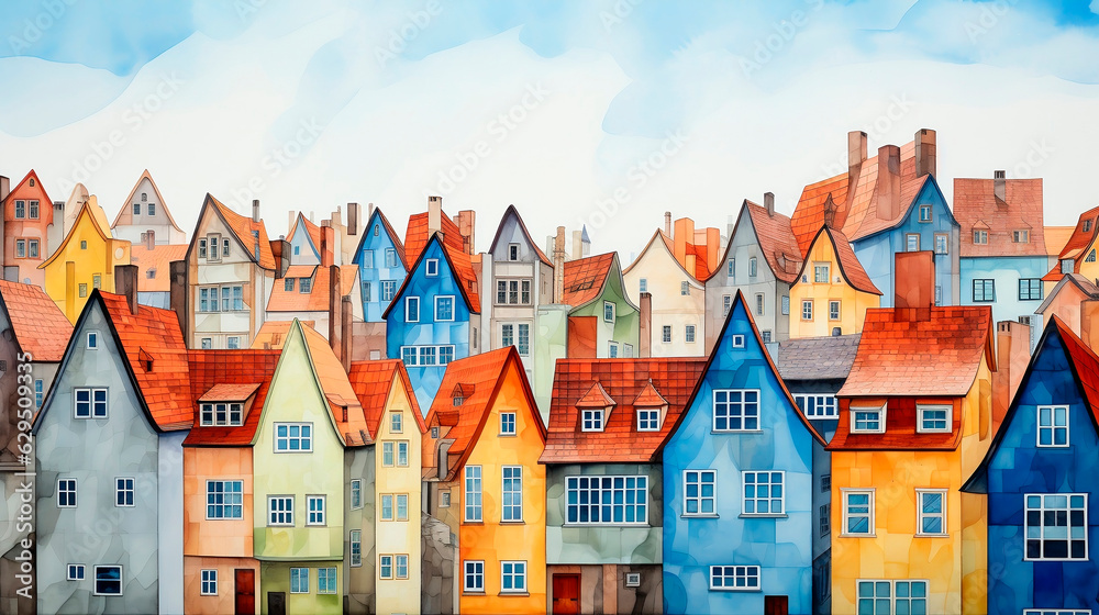 Colorful houses in the old town of Wroclaw, Poland.AI Generated 