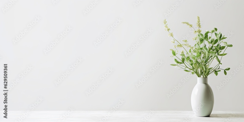 Product Showcase. Interior Design Inspiration Table with Green Plant and white Vase on a Table in house Product Showcase. Interior Design Inspiration Table with Green Plant and white Vase on a Table in house