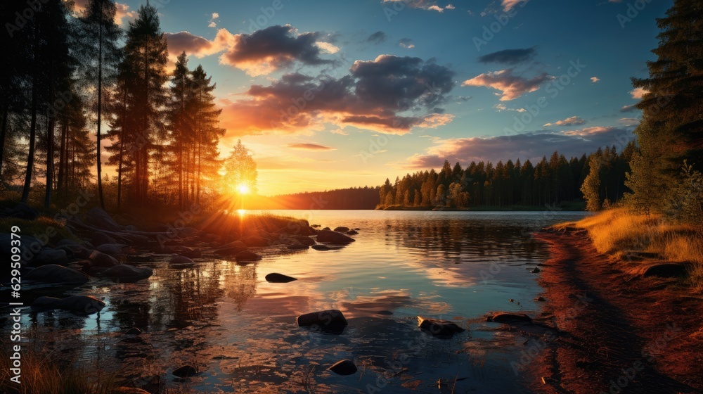 Beautiful sunset over a lake with small waves. A forest of pine and spruce trees line the lake,sunrise over the lake, beautiful spring season wallpapers and textures and spring background