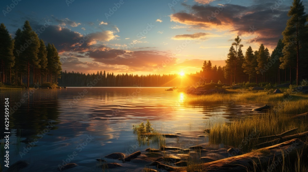 Beautiful sunset over a lake with small waves. A forest of pine and spruce trees line the lake,sunrise over the lake, beautiful spring season wallpapers and textures and spring background Beautiful sunset over a lake with small waves. A forest of pine and spruce trees line the lake,sunrise over the lake, beautiful spring season wallpapers and textures and spring background