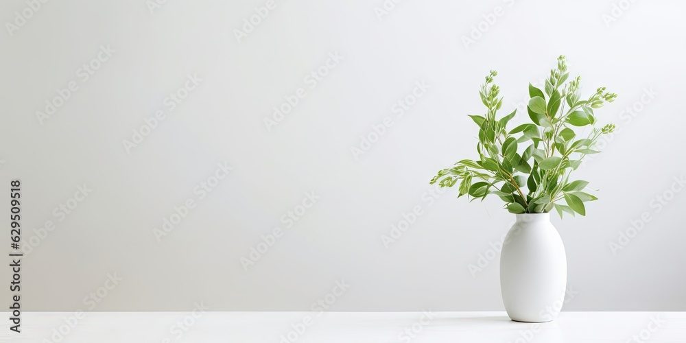 Product Showcase. Interior Design Inspiration Table with Green Plant and white Vase on a Table in house