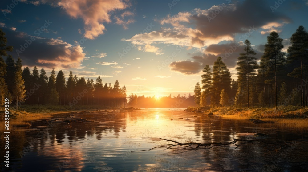 Beautiful sunset over a lake with small waves. A forest of pine and spruce trees line the lake,sunrise over the lake, beautiful spring season wallpapers and textures and spring background