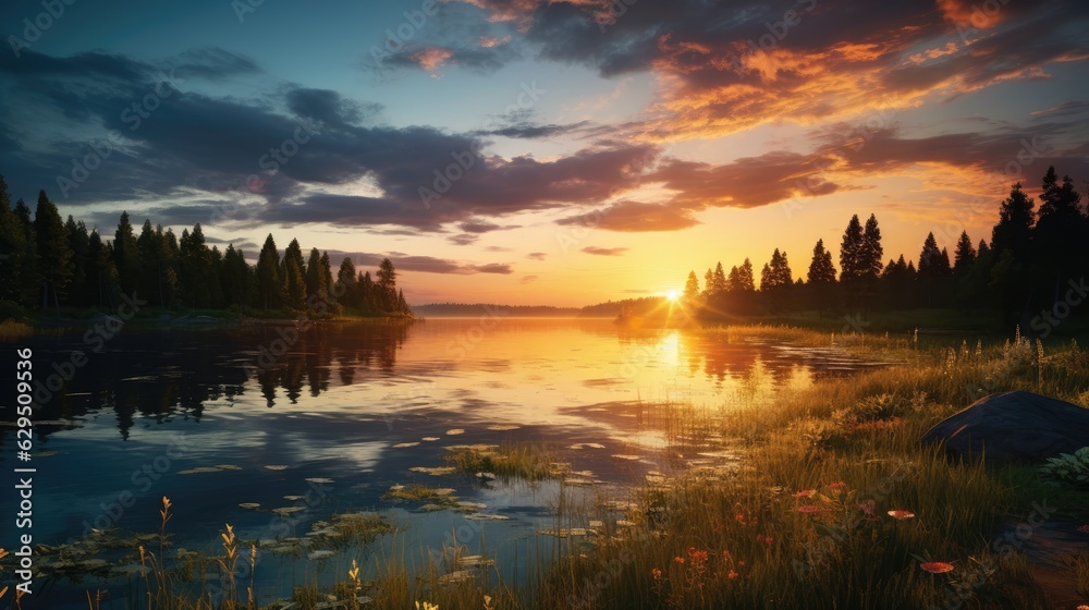 Obraz premium Beautiful sunset over a lake with small waves. A forest of pine and spruce trees line the lake,sunrise over the lake, beautiful spring season wallpapers and textures and spring background