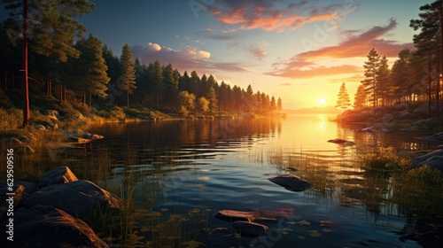 Beautiful sunset over a lake with small waves. A forest of pine and spruce trees line the lake sunrise over the lake  beautiful spring season wallpapers and textures and spring background