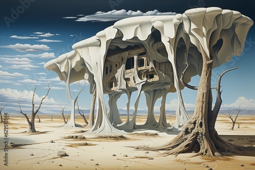 World surrealism illustration, fantastic building in the desert