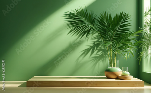 Empty Green Wooden Table  palm tree in sunlight  leaf shadow on green wall background for luxury organic and wood floor  Generative Ai.