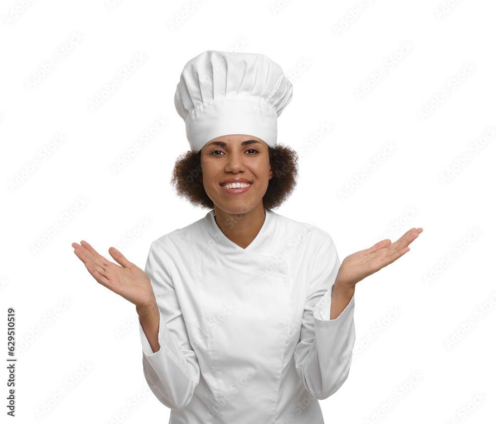 Portrait of happy female chef in uniform on white background Portrait of happy female chef in uniform on white background