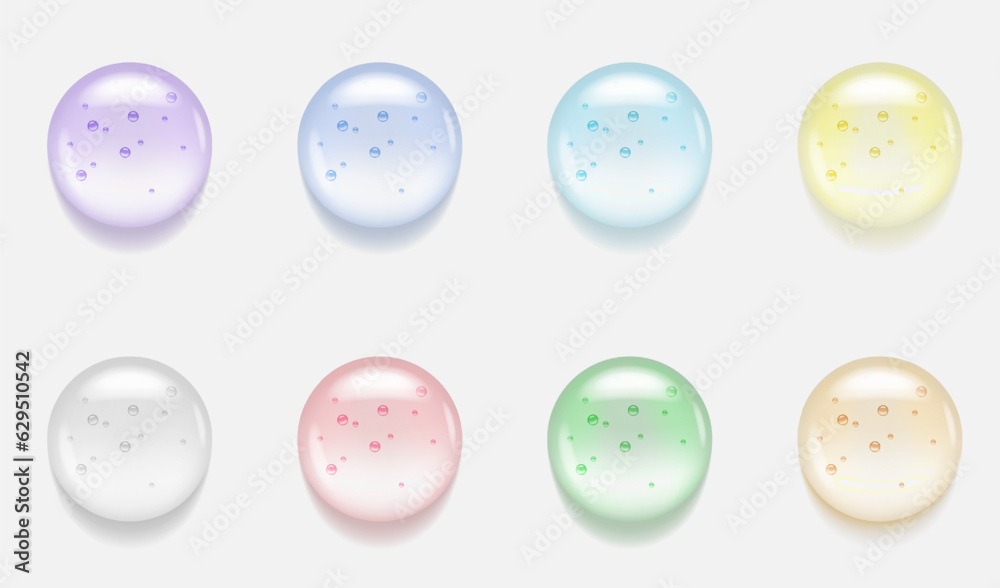 Liquid colored serum gel drop. Round transparent cosmetic product droplet. Clear texture of essential beauty oil. Bubbled water acid cream Liquid colored serum gel drop. Round transparent cosmetic product droplet. Clear texture of essential beauty oil. Bubbled water acid cream