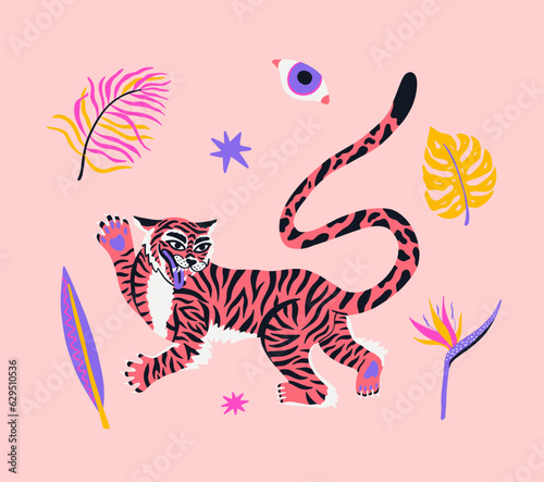 Poster with cute tiger  eye  banana leaf  palm tree on the pink background. Cartoon vector illustration for cover  postcard  stickers  t shirt.