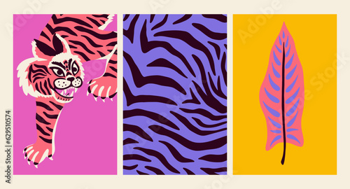 Set of posters with tiger, banana leaf on groovy background. Cartoon vector illustration for cover, postcard, stickers, t shirt.