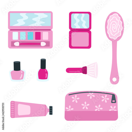 Set of trendy pink cosmetics elements in flat style. Eye shadow, blush, nail polish, cosmetic bag, hand cream, brush cartoon icon. Vector illustration