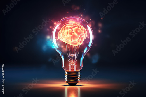 Burning classic light bulb with a small glow in the dark brain inside isolated on a dark background. Creative brainstorming concept, idea, startup. 3d render illustration style.