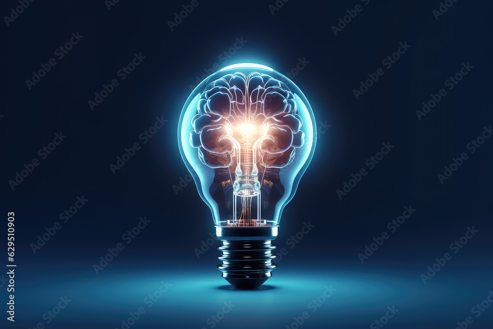 Burning classic light bulb with a small glow in the dark brain inside isolated on a black background. Creative brainstorming concept, idea, startup. 3d render illustration style. Burning classic light bulb with a small glow in the dark brain inside isolated on a black background. Creative brainstorming concept, idea, startup. 3d render illustration style.