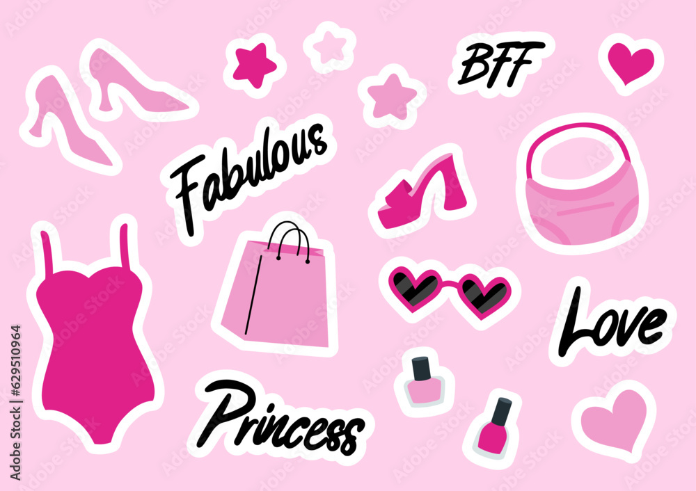 Set of cute trendy girly pink stickers. Pink bag, swimsuit, shoes, sunglasses and nail polish. Lettering fabulous, princess, bff, love. Vector illustration