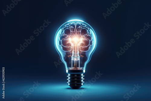 Burning classic light bulb with a small glow in the dark brain inside isolated on a black background. Creative brainstorming concept, idea, startup. 3d render illustration style.