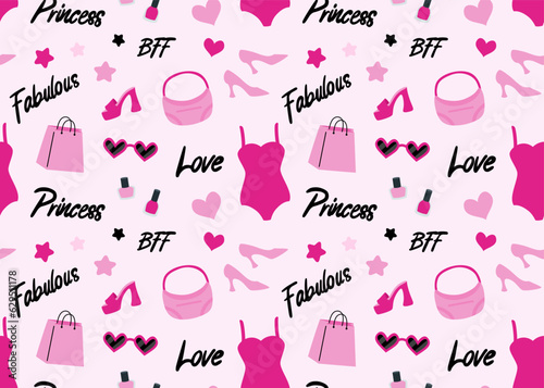 Cute trendy girly pink seamless pattern. Pink bag, swimsuit, shoes, sunglasses and nail polish. Lettering fabulous, princess, bff, love. Vector illustration
