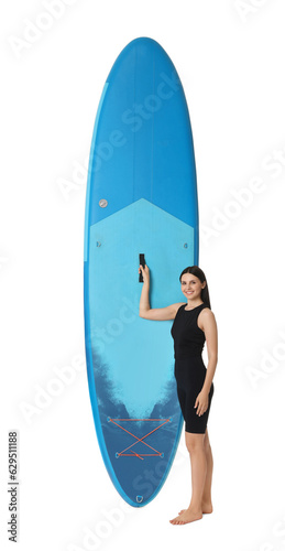 Happy woman with blue SUP board on white background