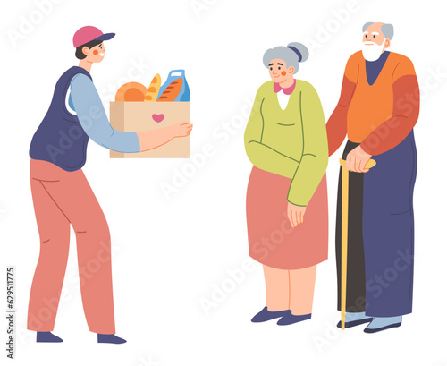 Volunteer helping senior people, food delivery