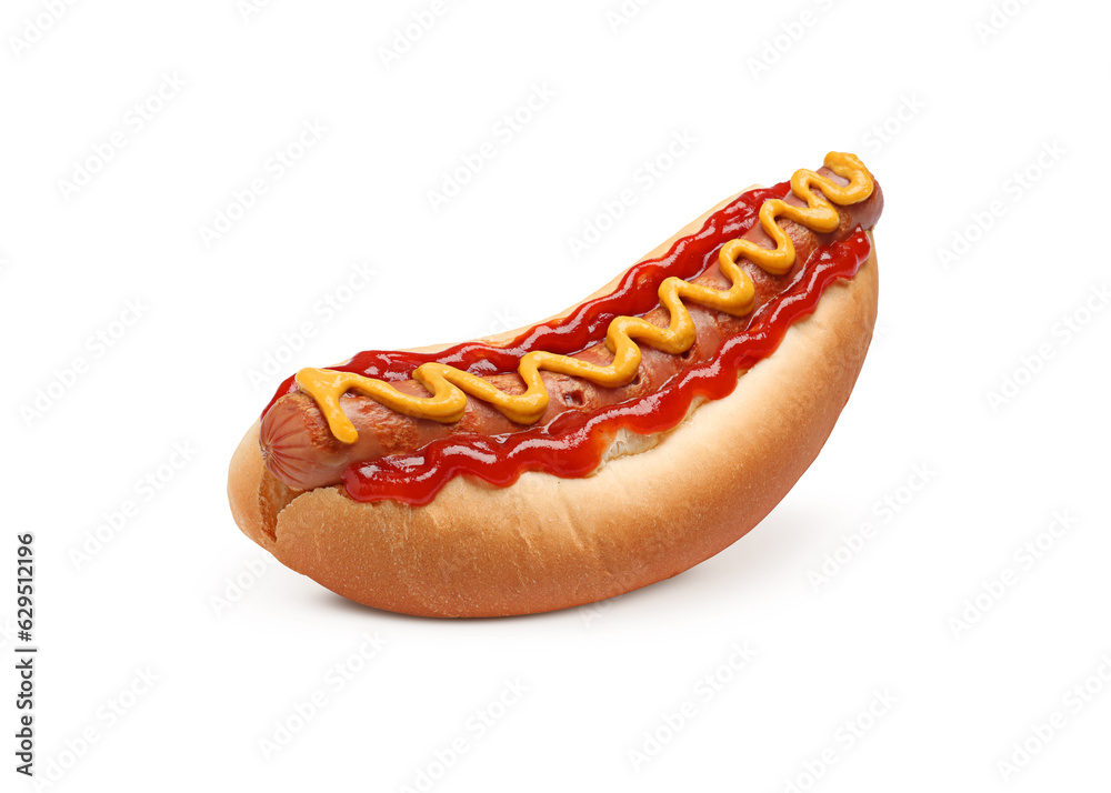 Yummy hot dog with ketchup and mustard isolated on white Yummy hot dog with ketchup and mustard isolated on white