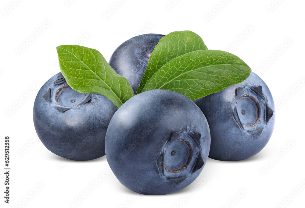 Fresh ripe blueberries with green leaves isolated on white Fresh ripe blueberries with green leaves isolated on white