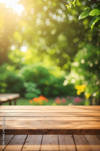 Wooden table top on blur background of green garden with bokeh sunlight. High quality photo  © Fantasy24