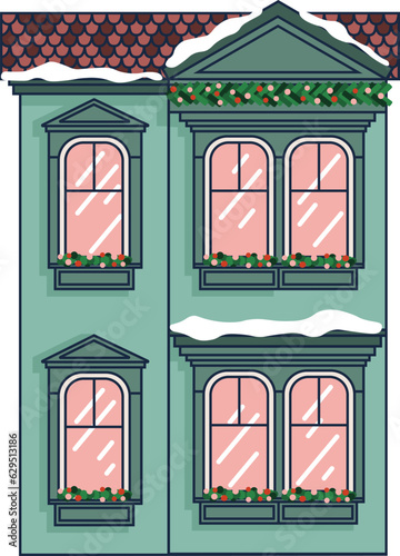 Dutch Christmas House. Winter cottage. Vector.