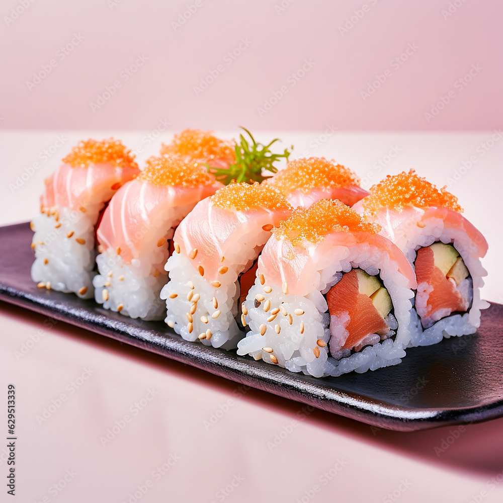 Sushi with salmon, Japanize food, fresh fish, rice, vegetables, fruits, colors, flowers Sushi with salmon, Japanize food, fresh fish, rice, vegetables, fruits, colors, flowers