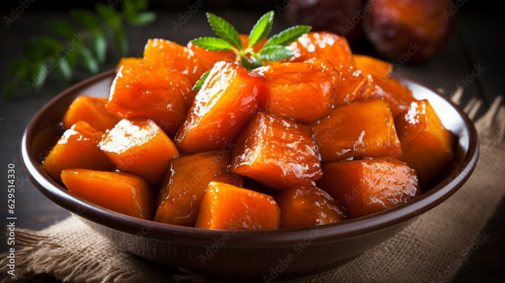 Candied yams in a bowl close up. Sweet potatoes cooked with brown sugar, marple syrup, cinnamon, brown sugar and butter front view over dark grey background. Traditional thanksgiving day food concept Candied yams in a bowl close up. Sweet potatoes cooked with brown sugar, marple syrup, cinnamon, brown sugar and butter front view over dark grey background. Traditional thanksgiving day food concept