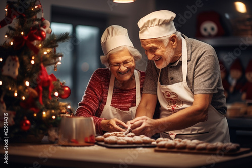 Elderly couple or senior adults baking Christmas cookies at home. Generative AI