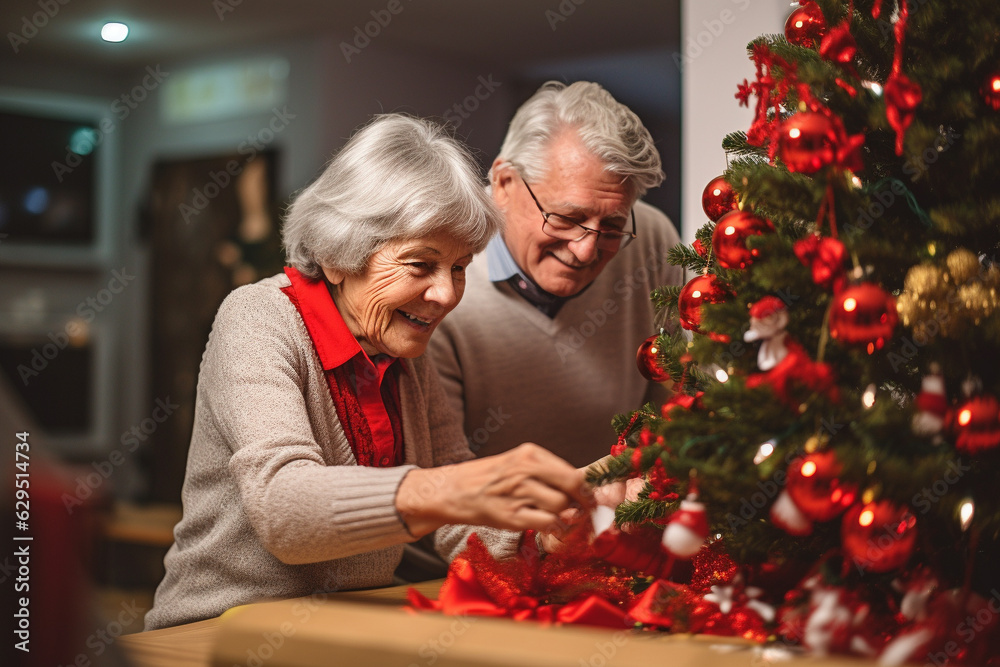 Elderly couple or senior adults decorating Christmas tree together. Generative AI
