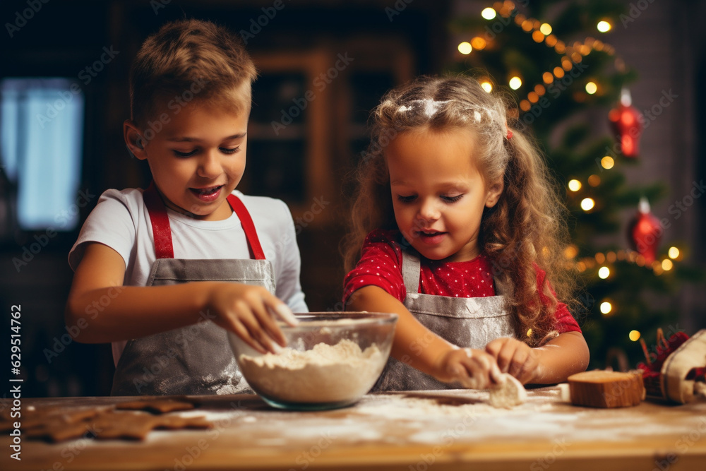 Happy kids baking gingerbread Christmas cookies together. Generative Ai