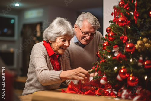 Elderly couple or senior adults decorating Christmas tree together. Generative AI