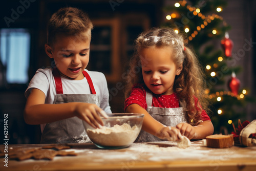 Happy kids baking gingerbread Christmas cookies together. Generative Ai