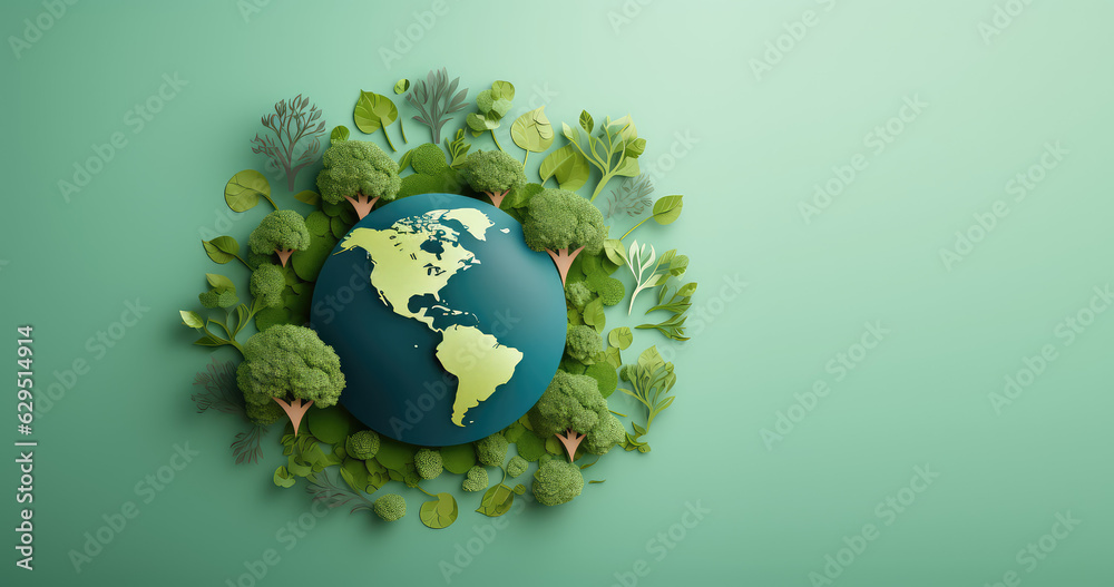 Creative concept Earth Day banner template. Planet ball and green leaves in paper cut out style. 3d render illustration style illustration.