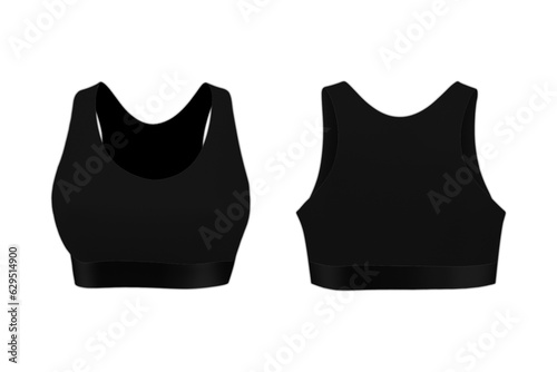 Top view of sport and fitness black top or bras isolated on white background. Training or running clothing for active women. Front and back view.3d rendering.