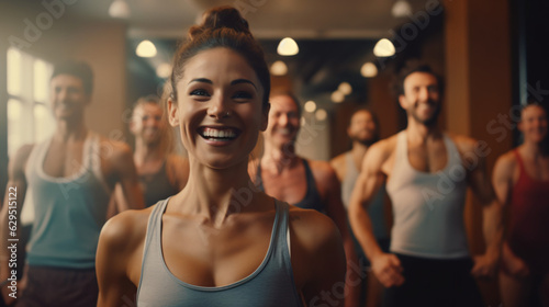 Fitness enthusiasts enjoying a workout session at the gym  friends train together. Participating in a cheerful Pilates class  expressing happiness through exercise  Generative AI.