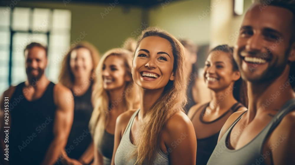 Fitness enthusiasts enjoying a workout session at the gym, friends train together. Participating in a cheerful Pilates class, expressing happiness through exercise, Generative AI.