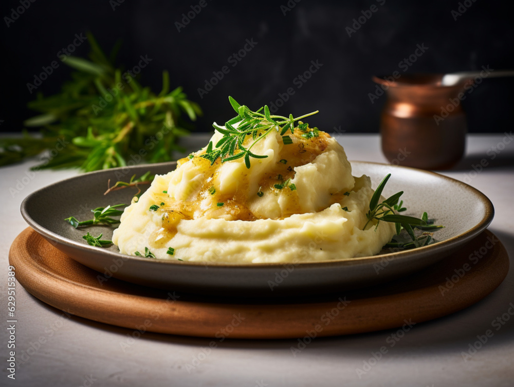 Close up of mashed potatoes with butter, fresh herbs in a ceramic plate on a wooden cutting board on dark background. Front view with close up. Thanksgiving day food concept. Fluffy Potato mash Close up of mashed potatoes with butter, fresh herbs in a ceramic plate on a wooden cutting board on dark background. Front view with close up. Thanksgiving day food concept. Fluffy Potato mash