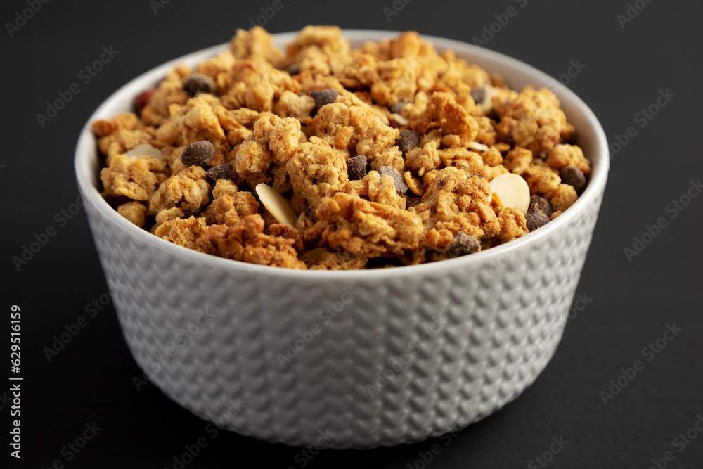 Protein Granola with hazelnut, almond, and chocolate in a Bowl, side view. Protein Granola with hazelnut, almond, and chocolate in a Bowl, side view.