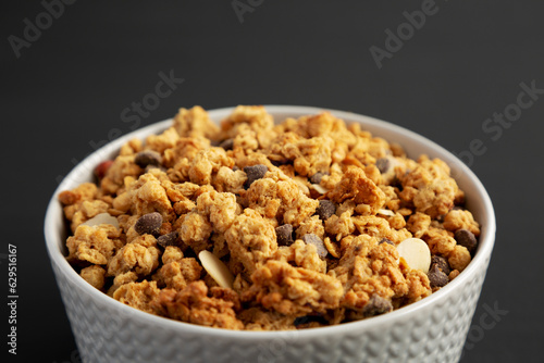 Protein Granola with hazelnut, almond, and chocolate in a Bowl, side view.