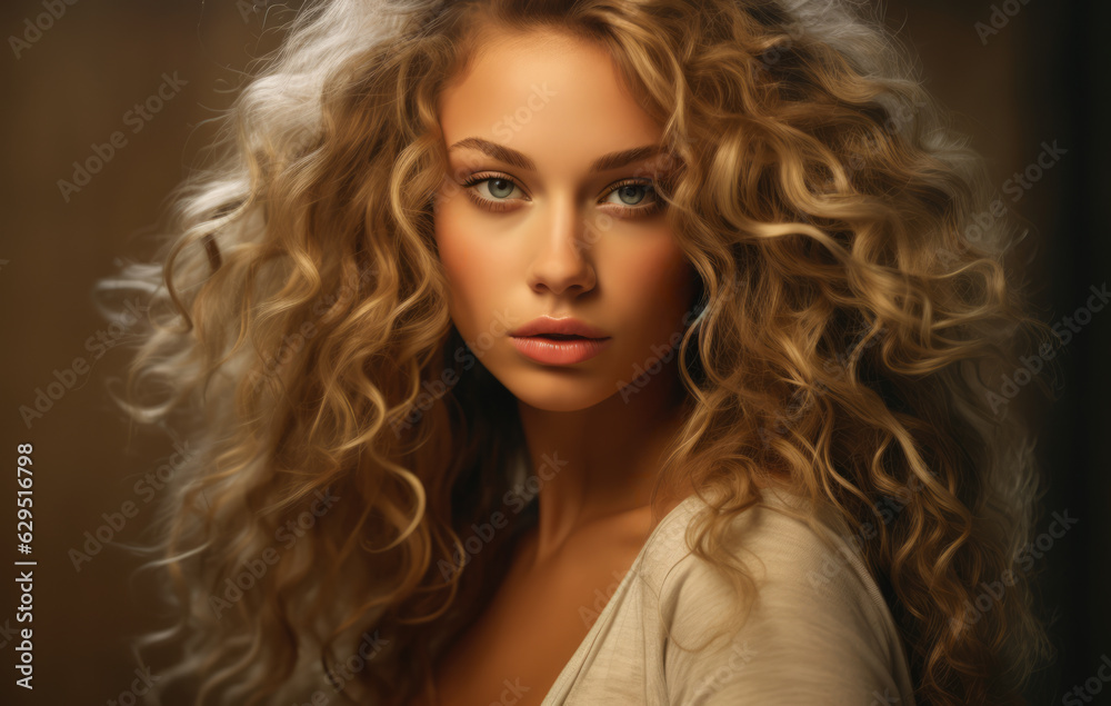 Portrait of a beautiful young woman with curly blonde hair. Generative AI. Portrait of a beautiful young woman with curly blonde hair. Generative AI.