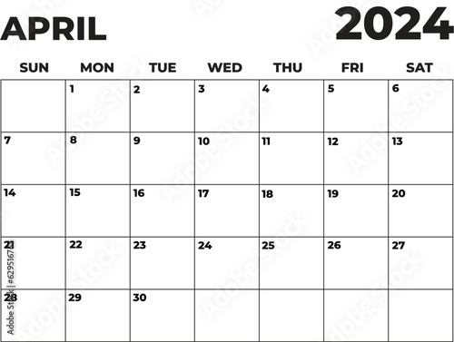 April 2024 Black and White Sunday Start Landscaped Monthly Planner, Sunday Start Calendar 2024