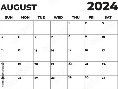 August 2024 Black and White Sunday Start Landscaped Monthly Planner, Sunday Start Calendar 2024