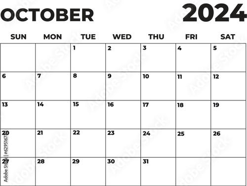 October 2024 Black and White Sunday Start Landscaped Monthly Planner, Sunday Start Calendar 2024